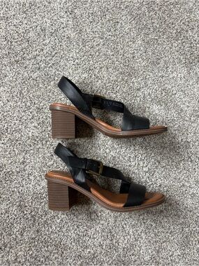 Zodiac Black Leather Block Heel Sandals with Brown Wood-Effect Heel